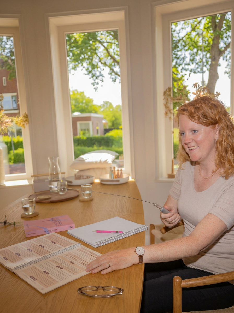 Jannie aan tafel met de volledige biotensor zichtbaar, in een lichte ruimte met uitzicht op groen