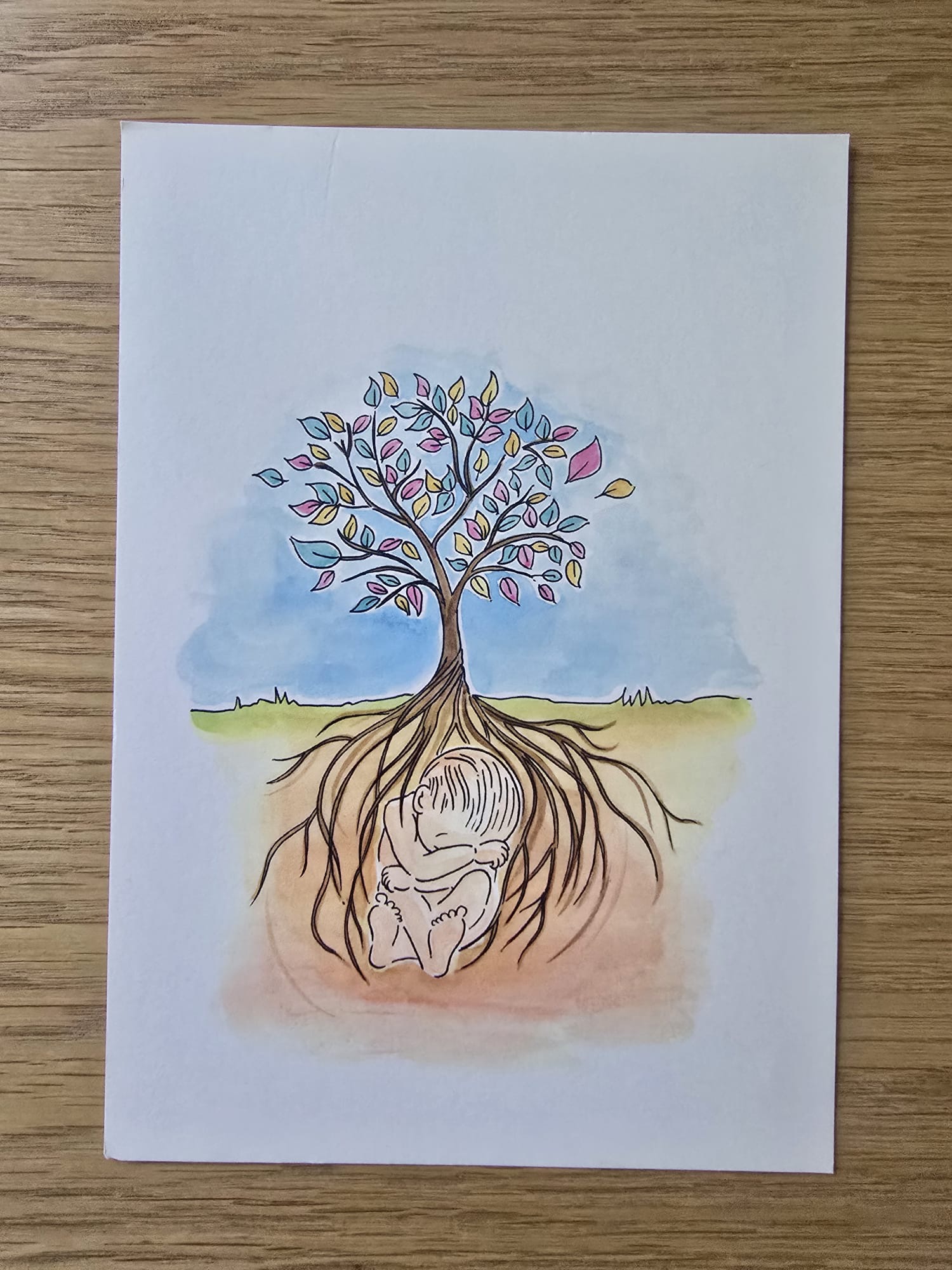 Aquarel illustratie van een boom met een baby geborgen in de wortels